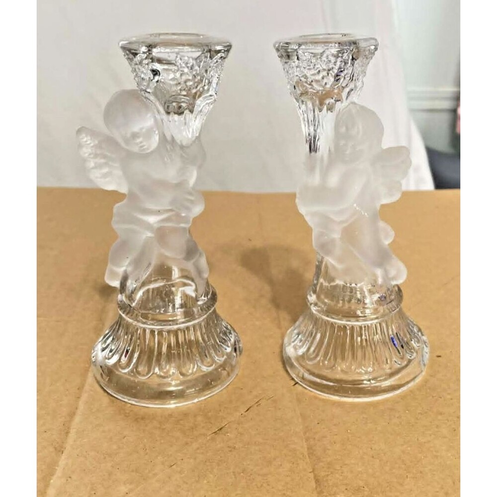Cherub Candlestick Holders Set of 2 Clear Frosted Glass Angel Decor